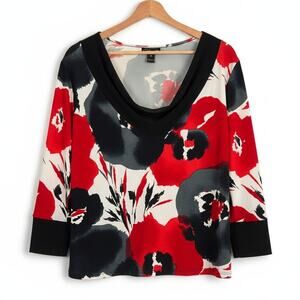 Clara S Womens M Artsy Y2K Red Floral Cowl Neck Office Career Stretch Blouse USA